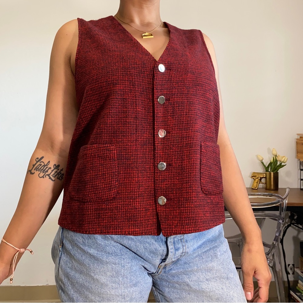 Roos Atkins Vintage L Red Herringbone V Neck Button up Vest Sleeveless Wool